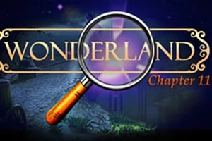 Nápis Wonderland Chapter 11 s lupou uprostřed a tmavým pozadím