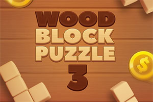 Nadpis Wood Block Puzzle 3 na dřevěném pozadí s bloky a mincemi v rozích