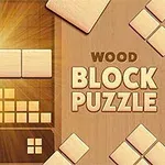 Dřevěné bloky uspořádané na herní desce s bodem světla v pozadí a nápisem Wood Block Puzzle napravo