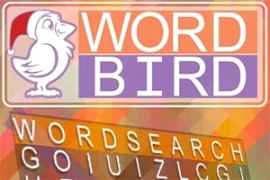 Barevný obrázek s bílým ptákem v čepici, nápisem WORD BIRD a písmeny tvořícími slovo WORDSEARCH