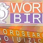 Barevný obrázek s bílým ptákem v čepici, nápisem WORD BIRD a písmeny tvořícími slovo WORDSEARCH