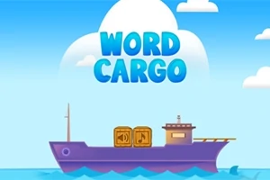 Fialová loď s dvěma bednami na palubě plující po moři pod modrou oblohou s nápisem WORD CARGO