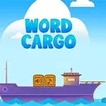 Fialová loď s dvěma bednami na palubě plující po moři pod modrou oblohou s nápisem WORD CARGO