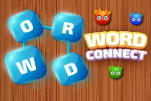 Modré kostky s písmeny spojené liniemi na dřevěném pozadí s barevnými postavičkami a nápisem Word Connect