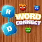 Modré kostky s písmeny spojené liniemi na dřevěném pozadí s barevnými postavičkami a nápisem Word Connect