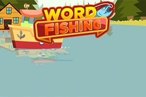 Barevná ilustrace lodě na jezeře s lesem v pozadí a nápisem Word Fishing s obrázkem ryby