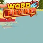 Barevná ilustrace lodě na jezeře s lesem v pozadí a nápisem Word Fishing s obrázkem ryby