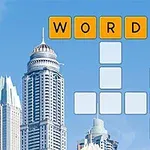 Slovo WORD umístěné nad prázdnými poli v mřížce na pozadí s moderními mrakodrapy