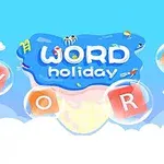 Logo s nápisem WORD holiday na modrém pozadí s bublinkami a písmeny