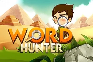 Dítě s lupou před pyramidami a textem WORD HUNTER
