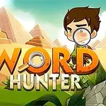 Dítě s lupou před pyramidami a textem WORD HUNTER