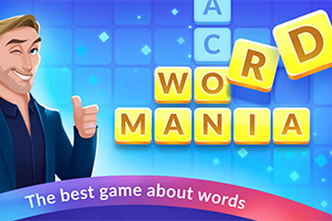 Postava muže s palcem nahoru vedle písmen tvořících slovo WORD MANIA na modrém pozadí