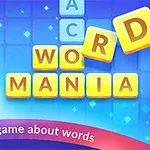 Postava muže s palcem nahoru vedle písmen tvořících slovo WORD MANIA na modrém pozadí