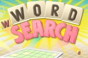 Nápis Word Search v barevné grafice s dlaždicemi a pozadím se zářivými paprsky