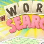 Nápis Word Search v barevné grafice s dlaždicemi a pozadím se zářivými paprsky