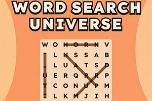 Oranžový plakát s nápisem „WORD SEARCH UNIVERSE a mřížkou osmisměrky s vyznačenými slovy