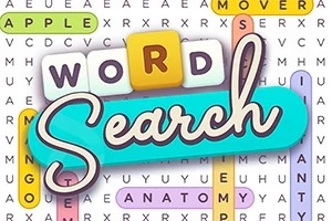 Nápis Word Search na barevném pozadí s písmenkovou osmisměrkou