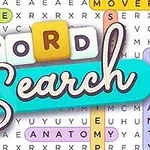 Nápis Word Search na barevném pozadí s písmenkovou osmisměrkou