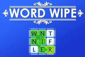 Modrý pozadí s dekorativním nápisem WORD WIPE a pod ním mřížka s písmeny tvořícími slovo vyznačené zeleně