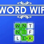 Modrý pozadí s dekorativním nápisem WORD WIPE a pod ním mřížka s písmeny tvořícími slovo vyznačené zeleně