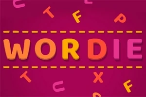 Barevná slova WORDIE na růžovém pozadí s rozptýlenými písmeny