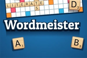 Název Wordmeister na modrém pozadí s herními písmenovými žetony A, B a D umístěnými kolem, nahoře část hracího pole se slovy z dlaždic