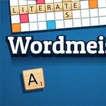 Název Wordmeister na modrém pozadí s herními písmenovými žetony A, B a D umístěnými kolem, nahoře část hracího pole se slovy z dlaždic