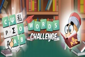 Postavička s brýlemi držící knihu ABC, s knihovnou v pozadí a nadpisem Words Challenge