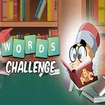 Postavička s brýlemi držící knihu ABC, s knihovnou v pozadí a nadpisem Words Challenge