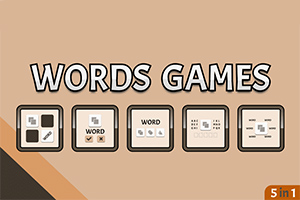 Náhled pěti ikon s textem WORDS GAMES na béžovém pozadí