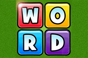 Čtyři barevné čtverce s písmeny „W“, „O“, „R“ a „D“ na zeleném pozadí