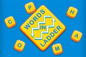 Žlutý kosočtverec s textem WORDS IN LADDER uprostřed a kolem něj rozložené oranžové dlaždice s písmeny na modrém pozadí