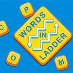 Žlutý kosočtverec s textem WORDS IN LADDER uprostřed a kolem něj rozložené oranžové dlaždice s písmeny na modrém pozadí