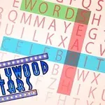 Křížovka s barevně zvýrazněnými slovy WORDS a CELEBRITY a nápisem HOLLYWOOD STARS