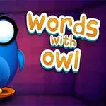 Modrý kreslený pták s velkými brýlemi stojící na oranžové podložce vedle nápisu words with owl na fialovém pozadí