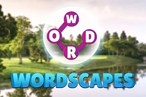 Kruhové uspořádání písmen W, O, R, D spojených čarami s nápisem WORDSCAPES na přírodním pozadí