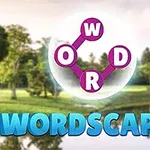 Kruhové uspořádání písmen W, O, R, D spojených čarami s nápisem WORDSCAPES na přírodním pozadí