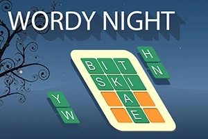 Náhled herní obrazovky s písmeny ve čtvercích na modrém pozadí a textem WORDY NIGHT