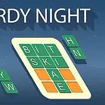 Náhled herní obrazovky s písmeny ve čtvercích na modrém pozadí a textem WORDY NIGHT
