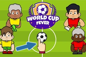 Karikatury čtyř fotbalistů na hřišti, nad nimi nápis World Cup Fever a uprostřed ruka ukazující na fotbalový míč