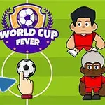 Karikatury čtyř fotbalistů na hřišti, nad nimi nápis World Cup Fever a uprostřed ruka ukazující na fotbalový míč