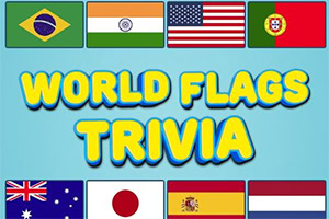 Světle modré pozadí s nápisem WORLD FLAGS TRIVIA a devíti různými vlajkami včetně Brazílie, Indie, USA, a dalších