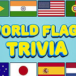 Světle modré pozadí s nápisem WORLD FLAGS TRIVIA a devíti různými vlajkami včetně Brazílie, Indie, USA, a dalších
