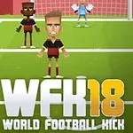 Tři animovaní fotbalisté na hřišti před brankou, s jedním hráčem připraveným kopnout míč, a nápisem WFK18 World Football Kick v popředí