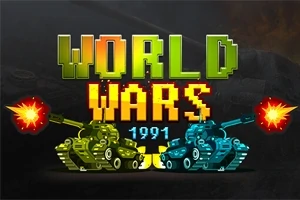 Nápis WORLD WARS 1991 nad dvěma tanky, jeden zelený a druhý modrý, které střílejí ohnivé projektily