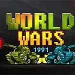 Nápis WORLD WARS 1991 nad dvěma tanky, jeden zelený a druhý modrý, které střílejí ohnivé projektily
