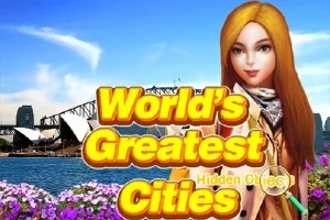 Žena stojící před panoramatem města s ikonickou operou a mostem, v popředí květiny a velký text Worlds Greatest Cities