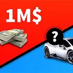 Hromada peněz na červeném pozadí s nápisem 1M$ vedle bílého sportovního auta na modrém pozadí, oddělené černým otazníkem