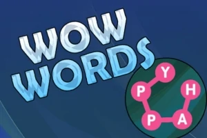 Název WOW WORDS v modrých písmenech s logem zobrazujícím spojené písmena P, Y, H, A