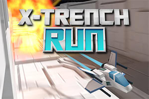 Kosmická loď letí tunelem s nápisem X-Trench Run a výbuch v pozadí